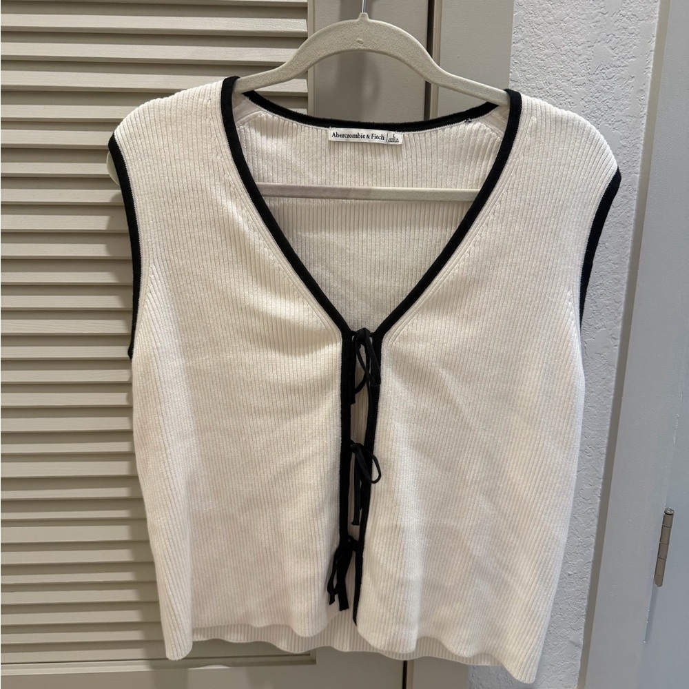 White and Black Tie-Front V Neck Sweater Vest